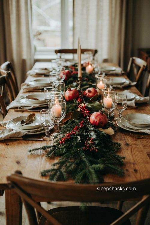 Greenery and pomegranate Christmas table runner with candles 