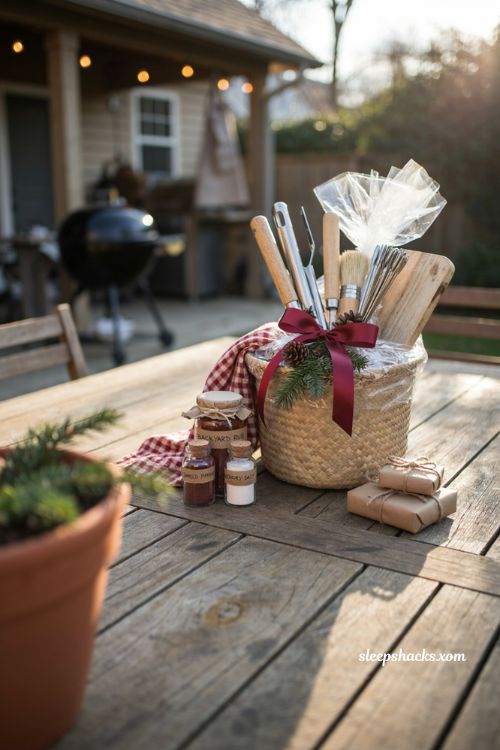 Grill masters Christmas gift basket ideas with grilling tools barbecue rub and skewers 