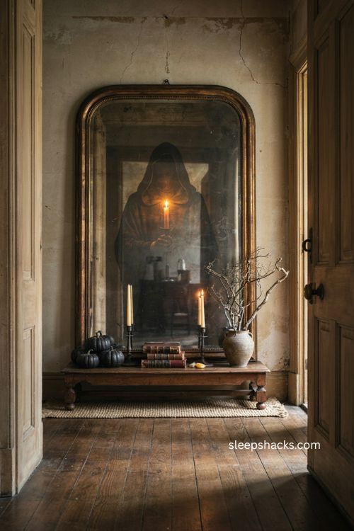 Grim reaper hologram mirror with glowing candle for a dramatic haunted Halloween entryway