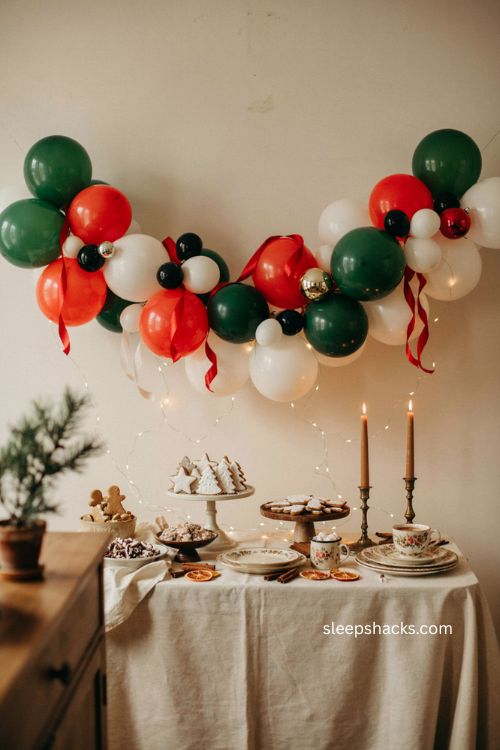 Grinch balloon backdrop with green red white balloons black accents and christmas party decor 
