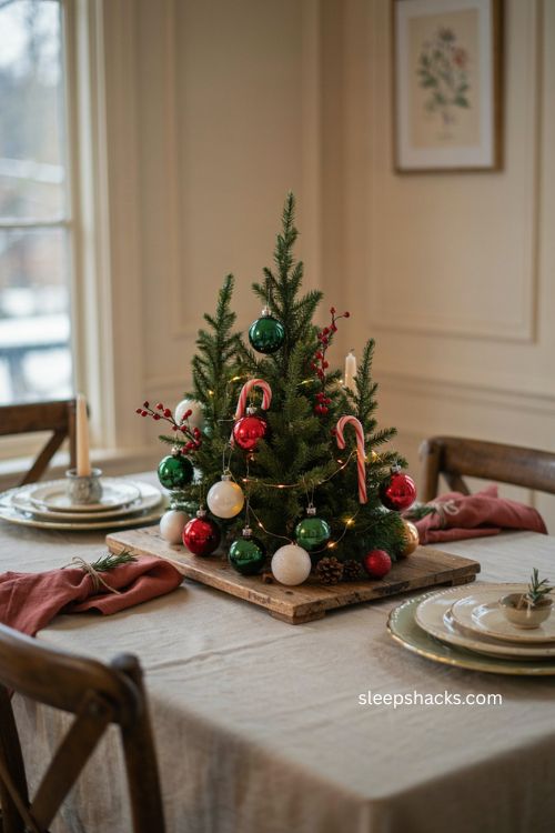 Grinch christmas tablescape centerpiece with green ornaments mini trees candy canes and berries