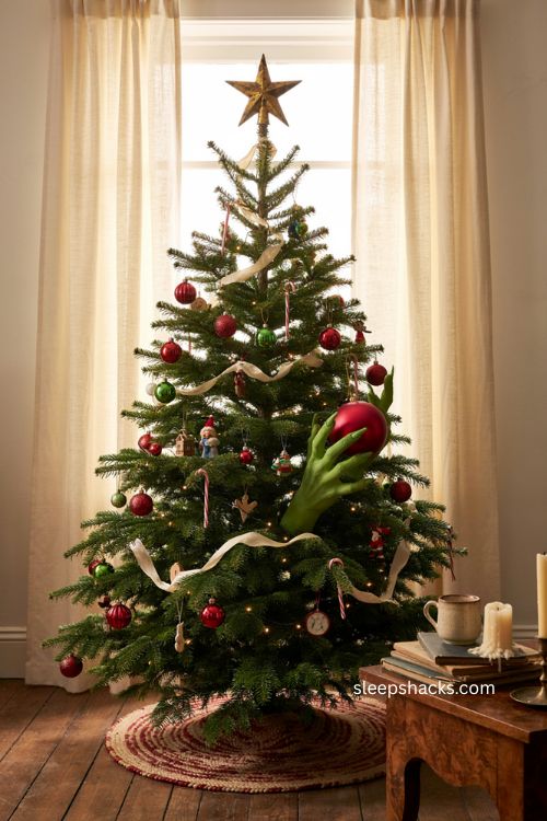 Grinch hands reaching for an ornament on Christmas tree 