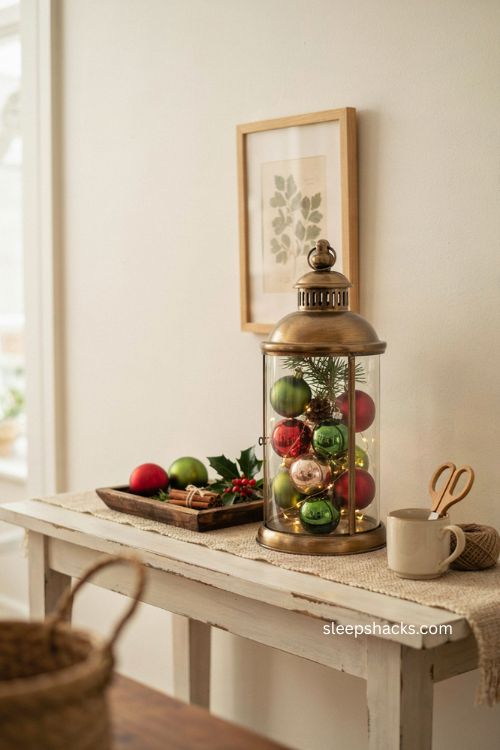 Grinch lantern centerpiece with green red ornaments pine branches and warm lights