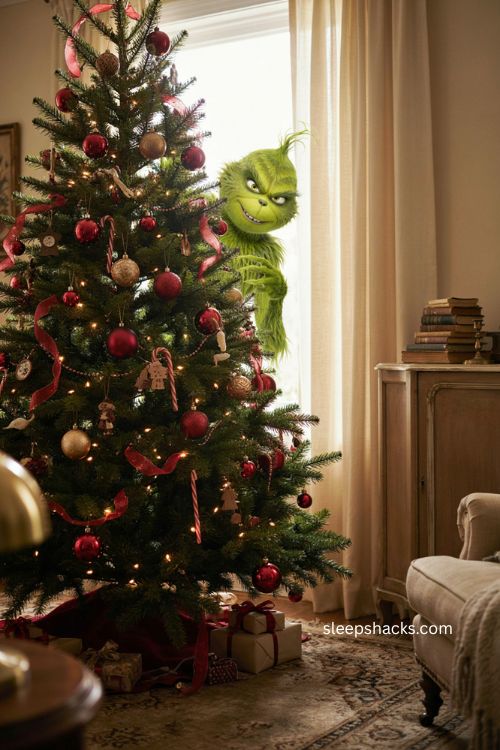Grinch peeking out Christmas tree topper whimsical holiday decor 