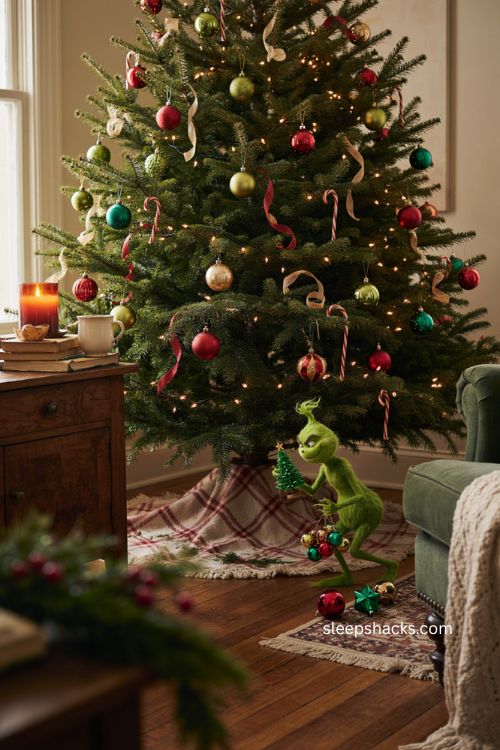 Grinch stealing ornaments Christmas tree figurine scene 