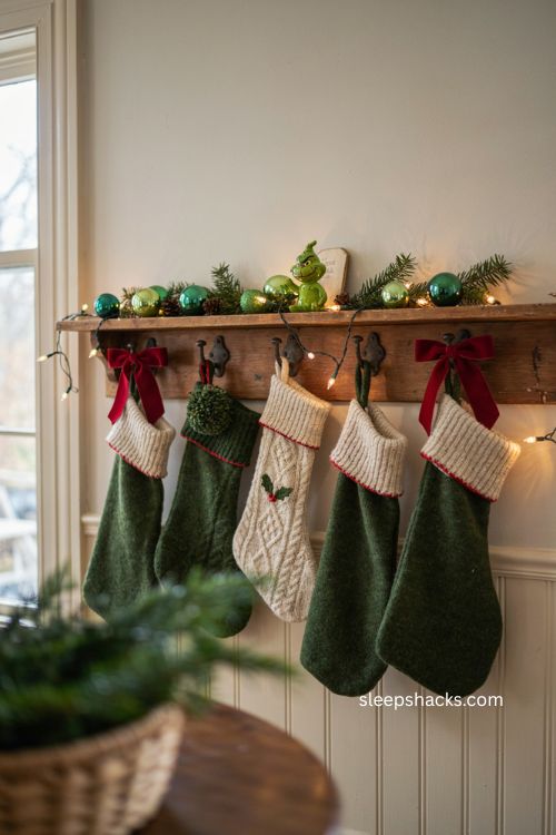 Grinch stocking display with green ornaments red bows and cozy christmas mantel