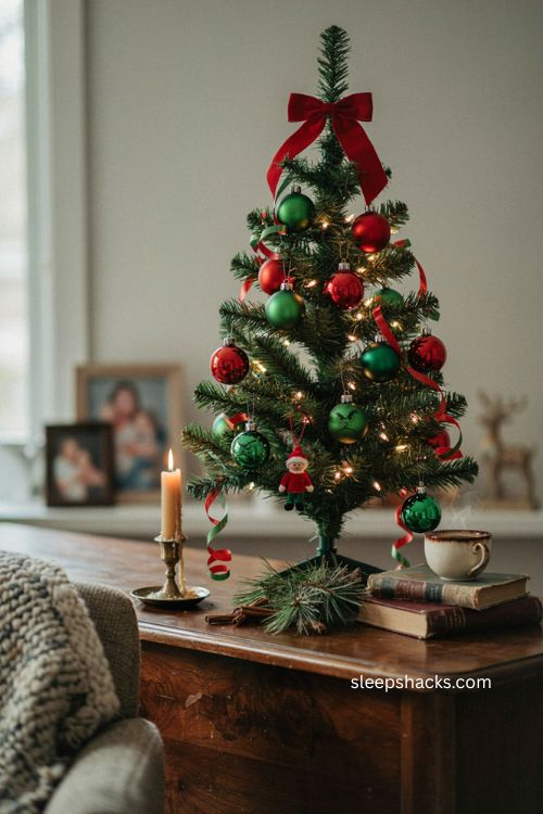 Grinch themed mini christmas tree with green red ornaments curling ribbon and oversized bow