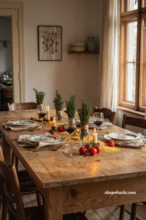 Grocery store herb bundle Thanksgiving centerpiece with rosemary tomatoes and candles 