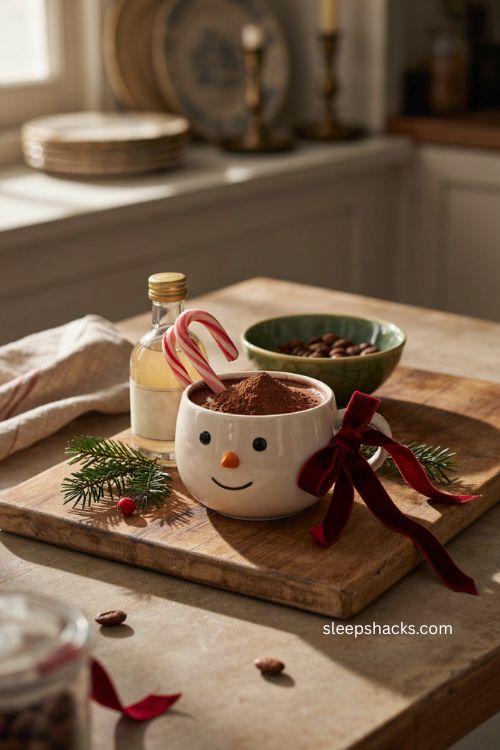 Grown up Christmas cocoa mug gift with cream liqueur candy cane and red ribbon 