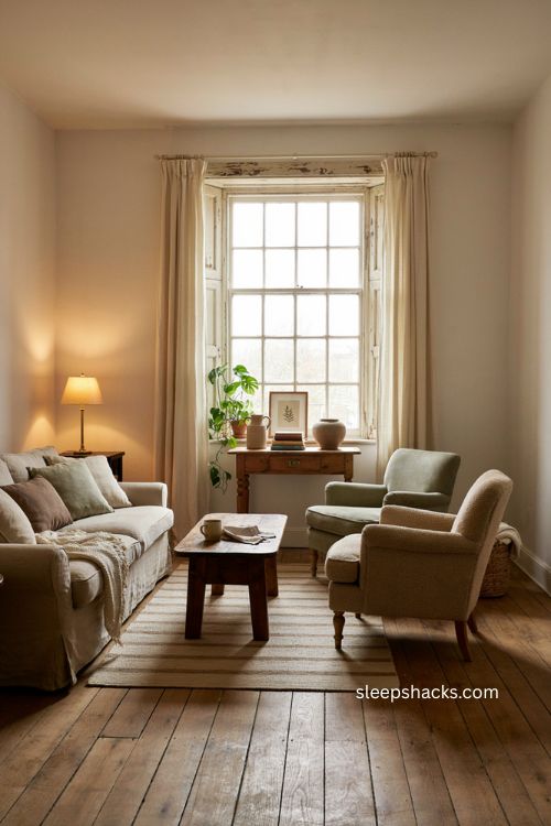 Guest living room with a clear focal point and balanced seating arrangement 