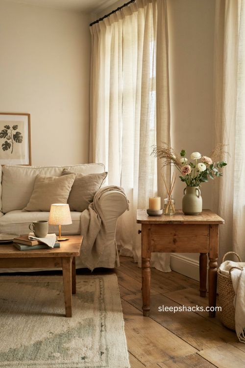 Guest living room with botanical candle fresh flowers and calming natural decor 