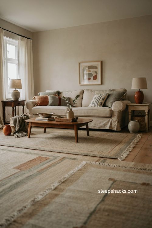 Guest living room with calming neutral earthy color palette and cozy textures 