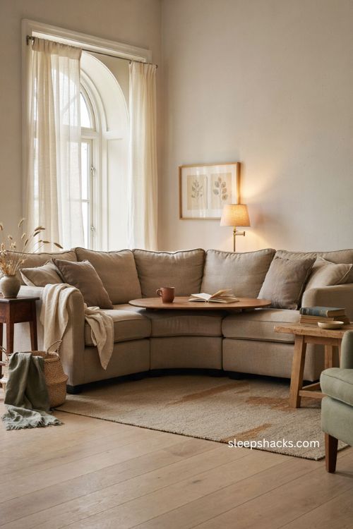 Guest living room with curved sectional for cozy natural conversation seating 