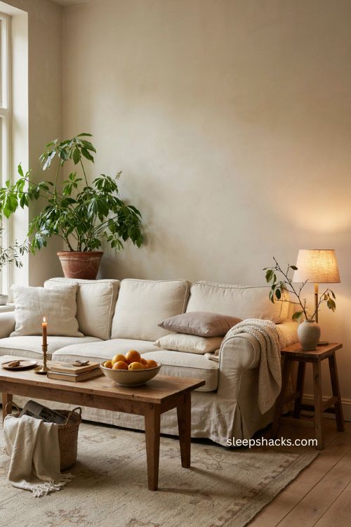 Guest living room with fresh greenery citrus and natural branches for a welcoming feel 