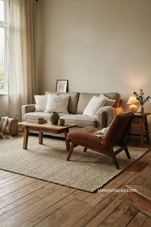 Guest living room with layered textiles linen leather and cozy wool textures 
