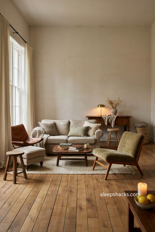 Guest living room with stools and small perches for flexible extra seating 