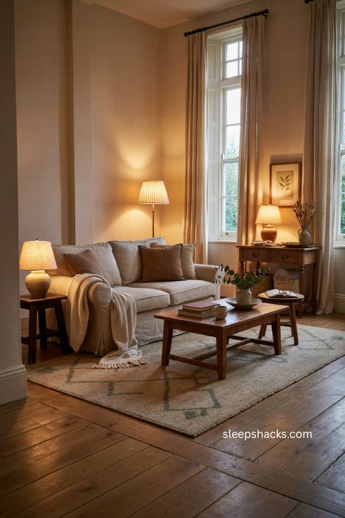Guest living room with warm layered lighting table lamps and floor lamps 
