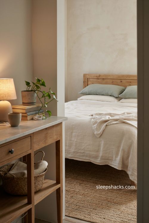 Guest room bedside table with drawers marble top lamp books and simple greenery 