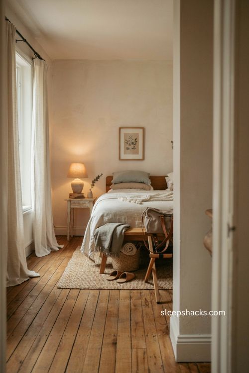 Guest room luggage storage with wooden rack low bench cozy bedding and tidy small space 