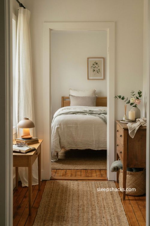 Guest room scent tray with fresh flowers botanical diffuser linen bedding and cozy decor 