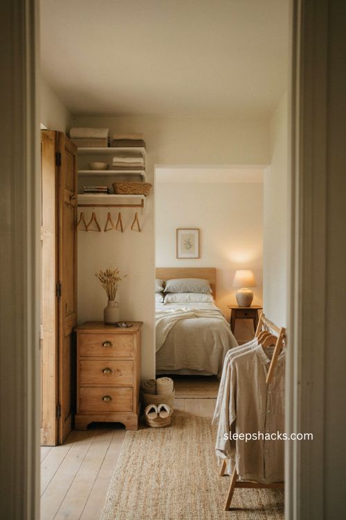 Guest room storage ideas with empty hangers open shelves clothes rack and cozy bedroom decor 