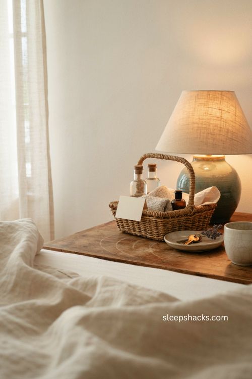 Guest room welcome basket with bottled water and wifi card 