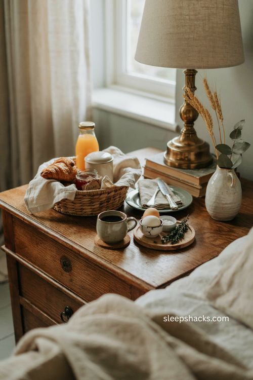 Guest room welcome basket with easy breakfast basics for guests 
