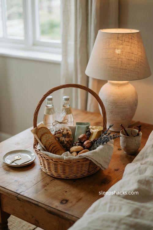Guest room welcome basket with favorite snacks and treats 