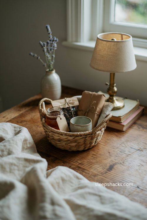 Guest room welcome basket with local honey coffee and treats 
