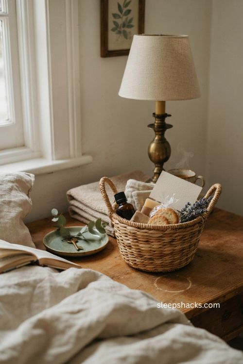 Guest room welcome basket with personal note and thoughtful details 