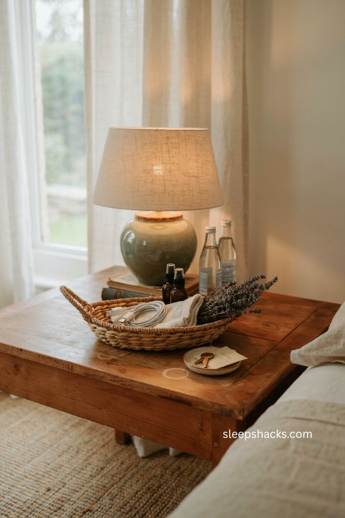 Guest room welcome basket with phone charger and thoughtful essentials 