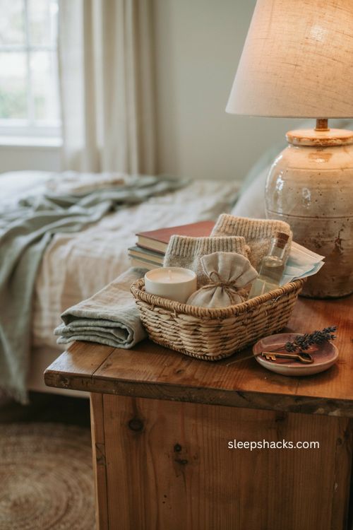 Guest room welcome basket with simple self care essentials 