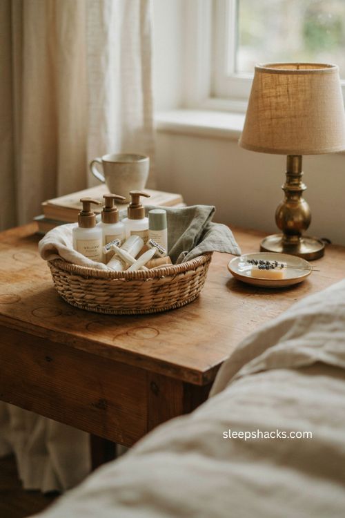 Guest room welcome basket with travel size toiletries kit 