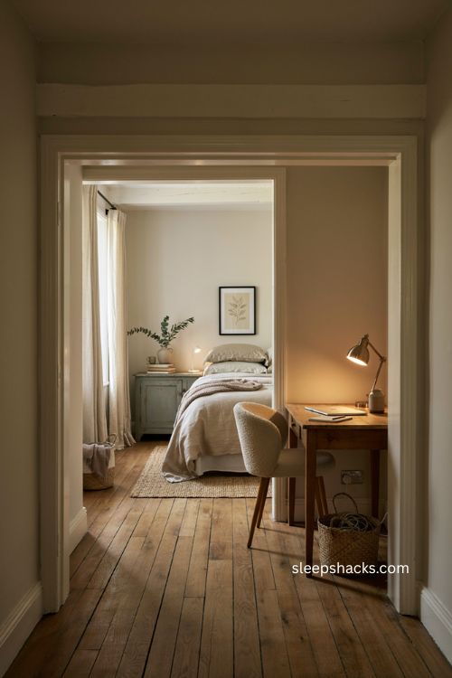 Guest room workspace corner with small desk comfortable chair warm lamp and cozy bedroom decor 