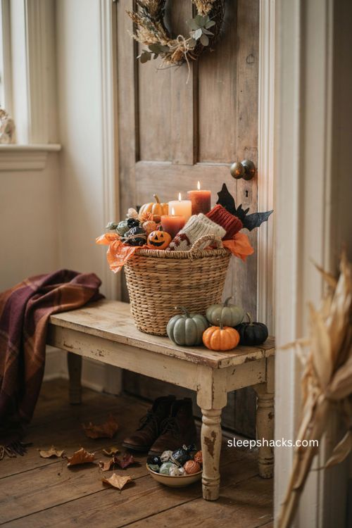 Halloween boo basket ideas with cozy socks pumpkin candles candy and seasonal treats 