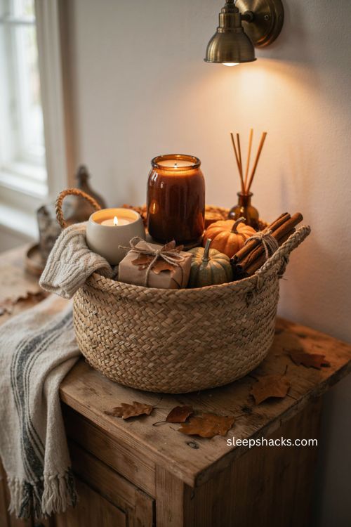 Halloween boo basket ideas with seasonal pumpkin cinnamon and cozy scented candles 