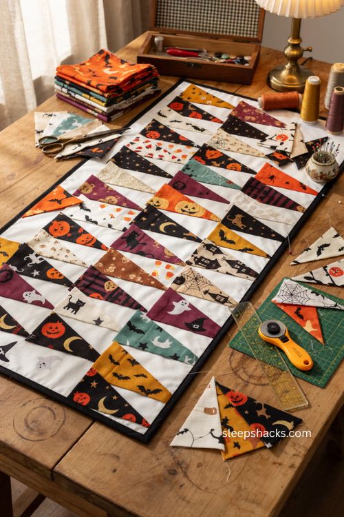 Halloween bunting quilt with fussy cut cat pumpkin and moon pennants in cozy sewing room