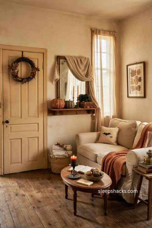 Halloween decor ideas with thrifted wreath cheesecloth and simple cozy spooky accents 