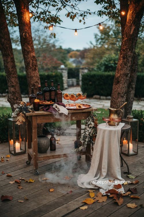 Halloween drink station with spooky fog and warm lights for backyard party decor 