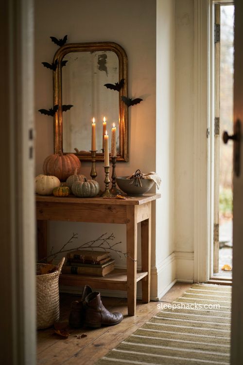 Halloween entry table with pumpkins paper bats candles and vintage mirror decor