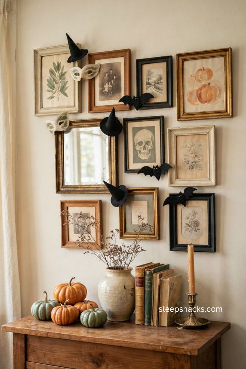 Halloween gallery wall with vintage frames bats witch hats and subtle seasonal decor 