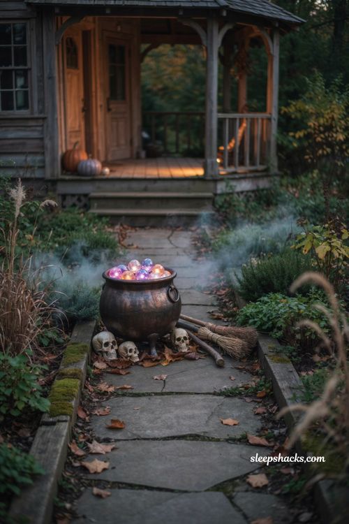 Halloween garden ideas with bubbling witch cauldron skulls broomsticks and glowing potion
