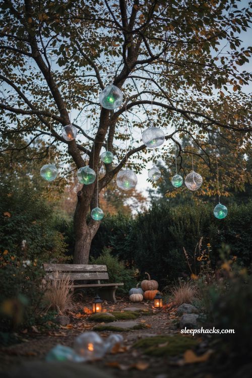 Halloween garden ideas with glowing orbs hanging from tree branches and spooky lights