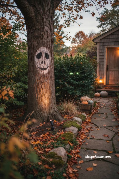 Halloween garden ideas with haunted tree face and glowing eyes