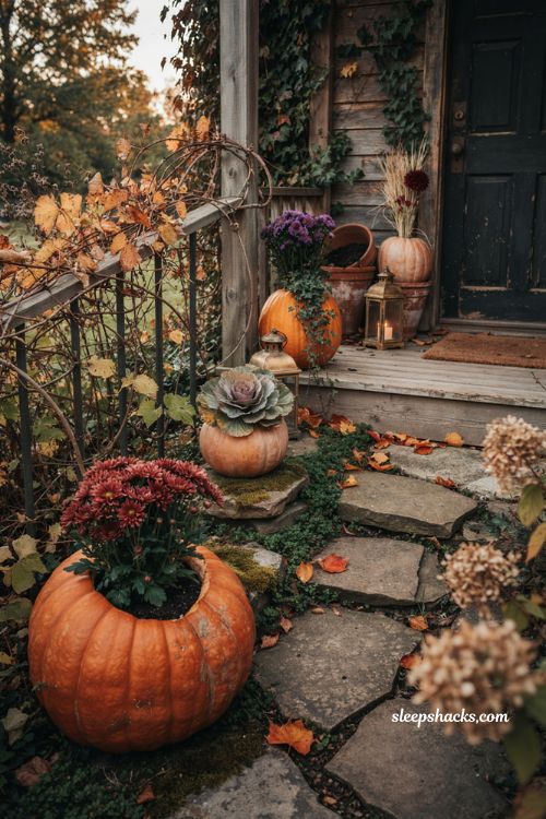 Halloween garden ideas with pumpkin planters dark flowers and fall porch decor