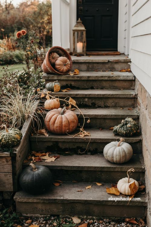 Halloween garden ideas with weird warty pumpkins and black pumpkin decor