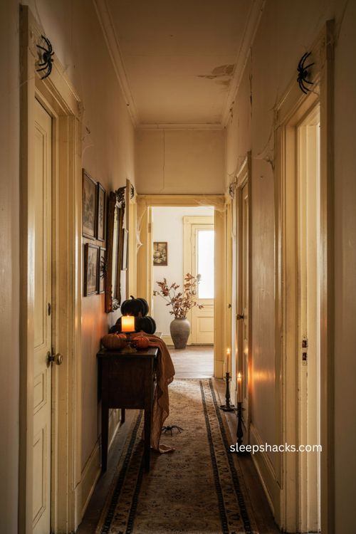 Halloween hallway decoration ideas with vintage spooky details and warm autumn charm 