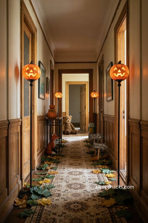 Halloween hallway decoration with cobwebs and warm string lights 