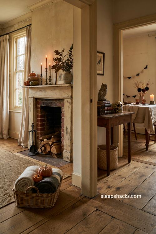 Halloween interior decor with cozy mantel hallway and dining room accents 