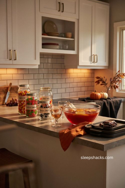 Halloween kitchen decor with witch brew jars and orange punch 